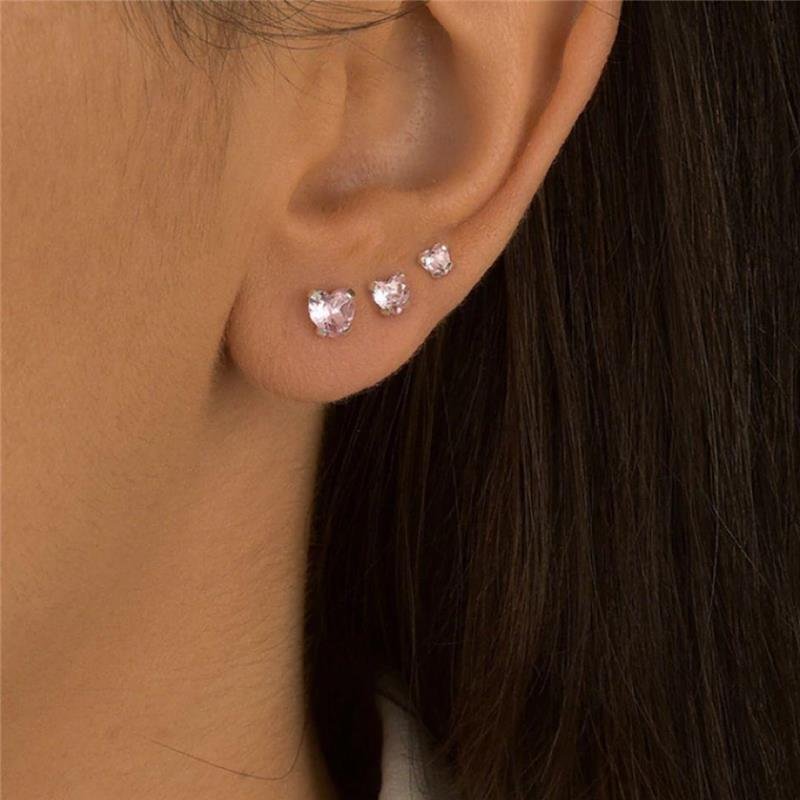 BRINCO TRIO CORAÇÃO ROSA 4,5,6MM PRATA 925