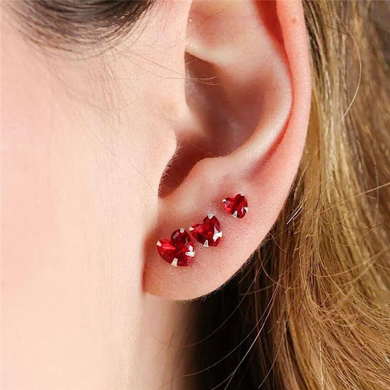 BRINCO TRIO CORAÇÃO VERMELHO 4,5,6MM PRATA 925