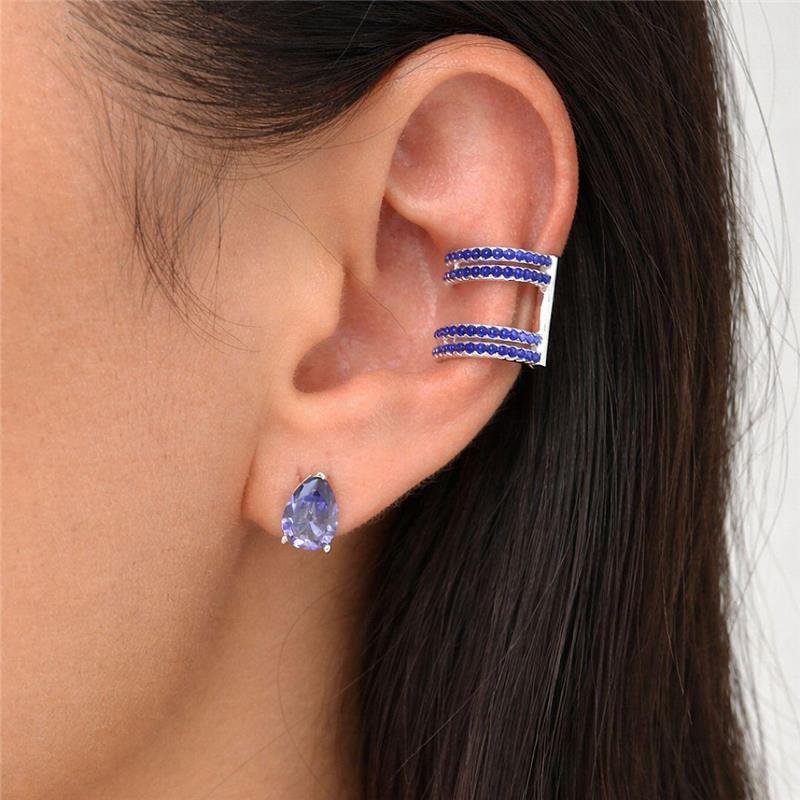 BRINCO PIERCING FAKE CRAVEJADO AZUL SAFIRA PRATA 925