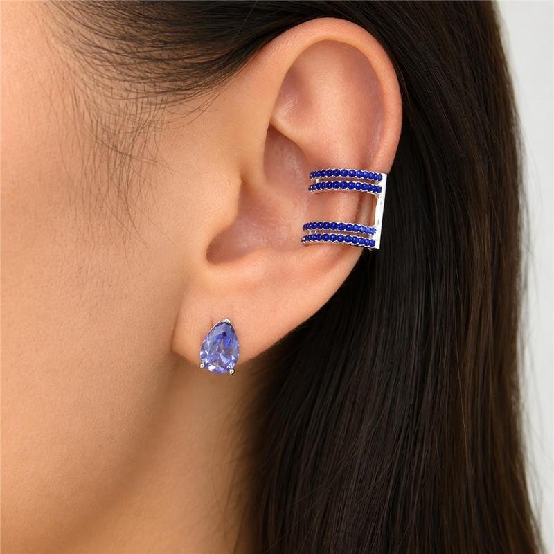 BRINCO PIERCING CRAVEJADO AZUL SAFIRA PRATA 925