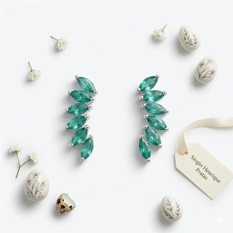 BRINCO EAR CUFF ZIRCÔNIAS NAVETE VERDE PRATA 925