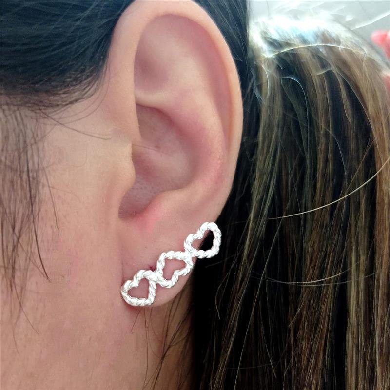 BRINCOS EARCUFF 3 CORAÇÕES PRATA 925