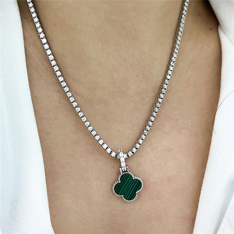 PINGENTE VANCLEEF MALAQUITA CRAVEJADO CLICK PRATA 925