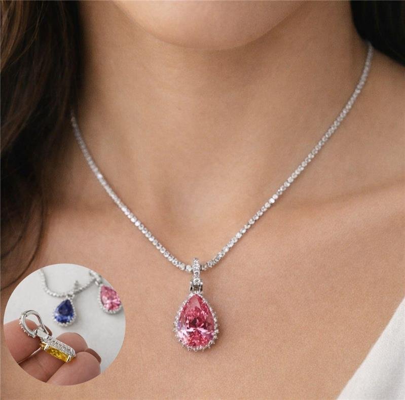 PINGENTE CLICK GOTA ZIRCONIA ROSA PRATA 925
