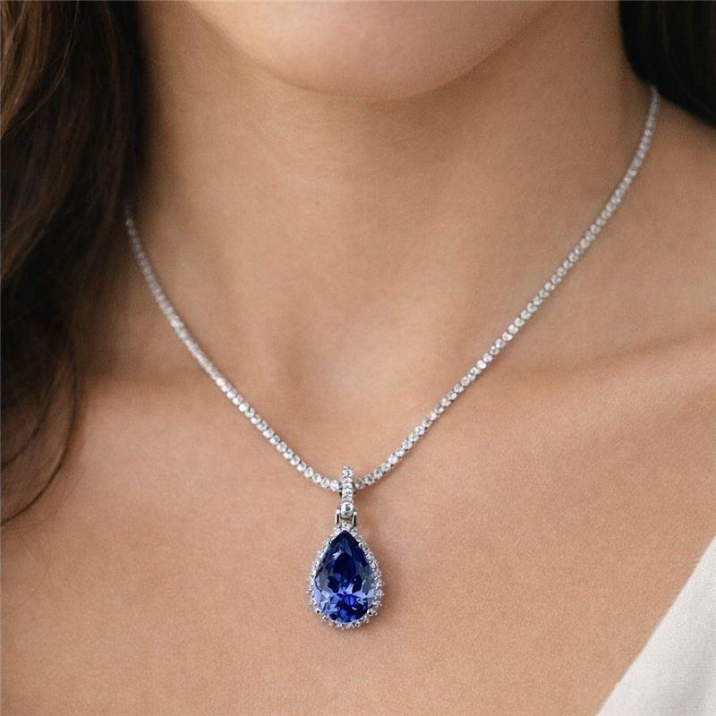PINGENTE CLICK GOTA ZIRCONIA SAFIRA CRAVEJADO PRATA 925