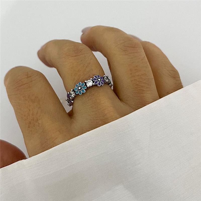 ANEL FLOR COLOR E ZIRCÔNIAS PRATA 925