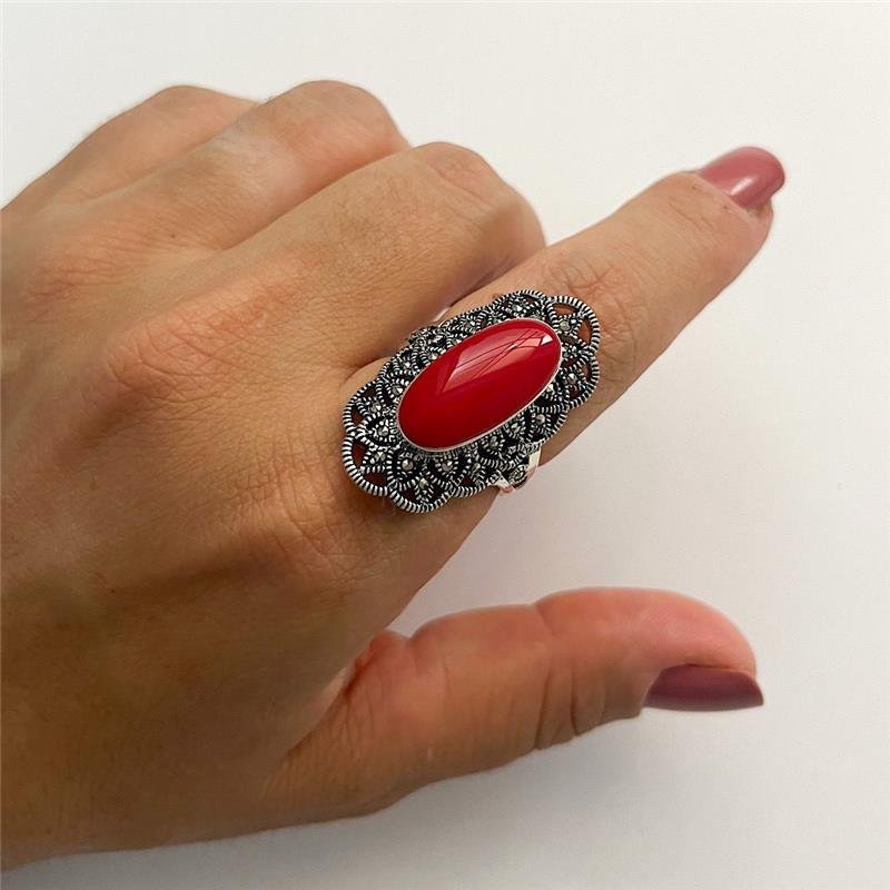 ANEL CORAL TRABALHADO PRATA 925