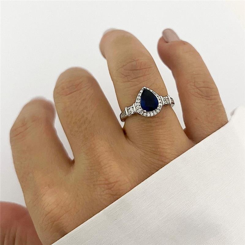 ANEL GOTA AZUL CRAVEJADO ZIRCÔNIAS PRATA 925
