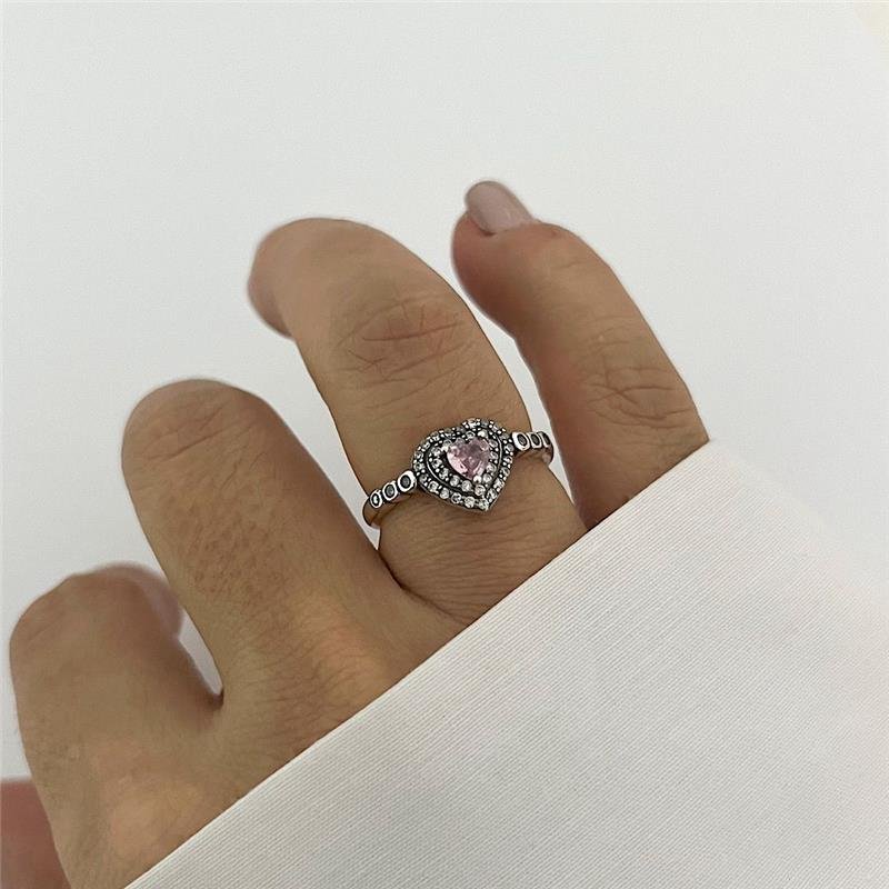 ANEL CORAÇÃO ROSA CRAVEJADO PRATA 925