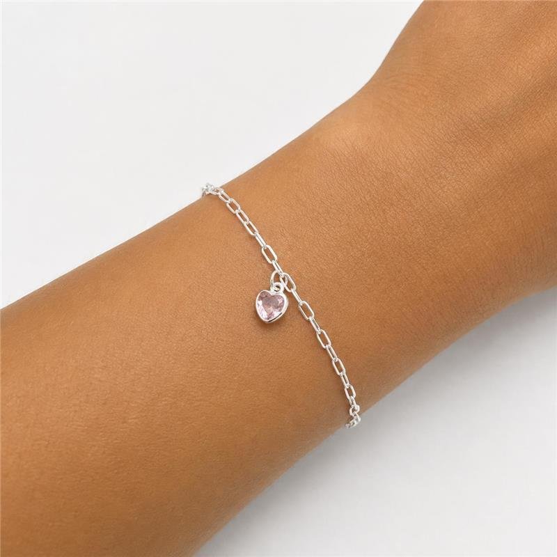 PULSEIRA PINGENTE ZIRCONIA CORAÇÃO ROSA PRATA 925