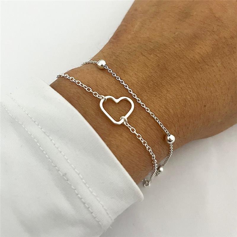 PULSEIRA DUPLA CORAÇÃO E BOLINHAS PRATA 925