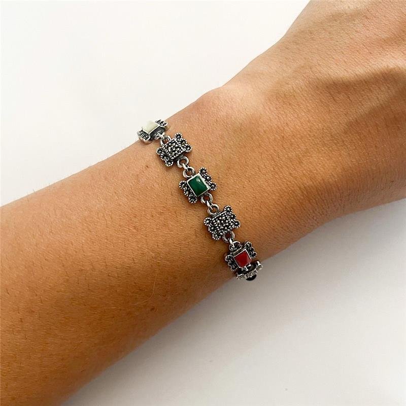 PULSEIRA PEDRAS COLORIDAS E MARCASSITAS PRATA BALI 925
