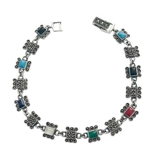 PULSEIRA PEDRAS COLORIDAS E MARCASSITAS PRATA BALI 925