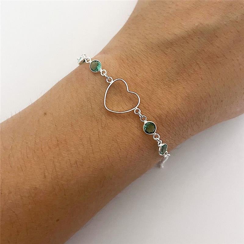 PULSEIRA CORAÇÃO COM ZIRCÔNIAS VERDE PRATA 925