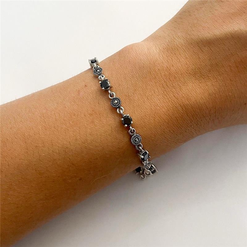 PULSEIRA ONIX E MARCASSITAS PRATA BALI 925