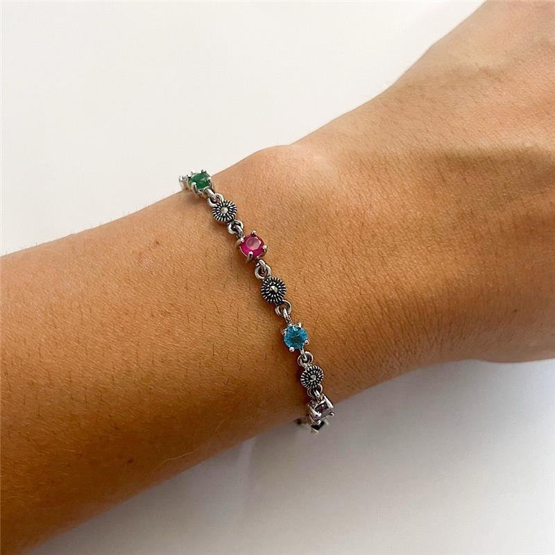 PULSEIRA PEDRAS COLORIDAS COM MARCASSITAS PRATA 925