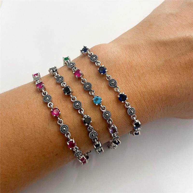 PULSEIRA PEDRAS COLORIDAS COM MARCASSITAS PRATA 925