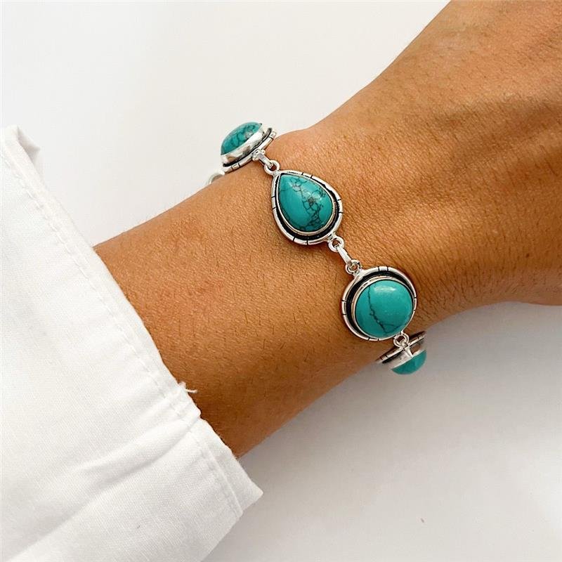 PULSEIRA TURQUESA GOTA E REDONDA PRATA 925