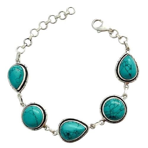 PULSEIRA TURQUESA GOTA E REDONDA PRATA 925