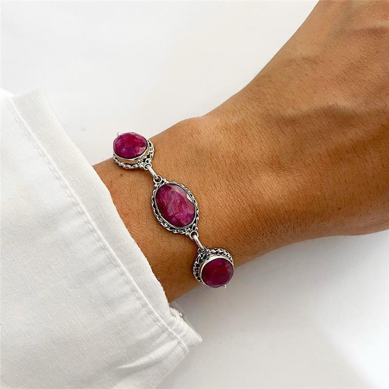 PULSEIRA RUBI 3 PEDRAS PRATA BALI 925