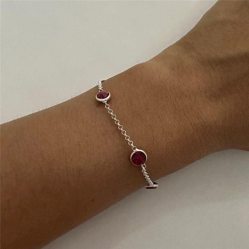 PULSEIRA 5 PEDRAS REDONDAS RUBI PRATA 925
