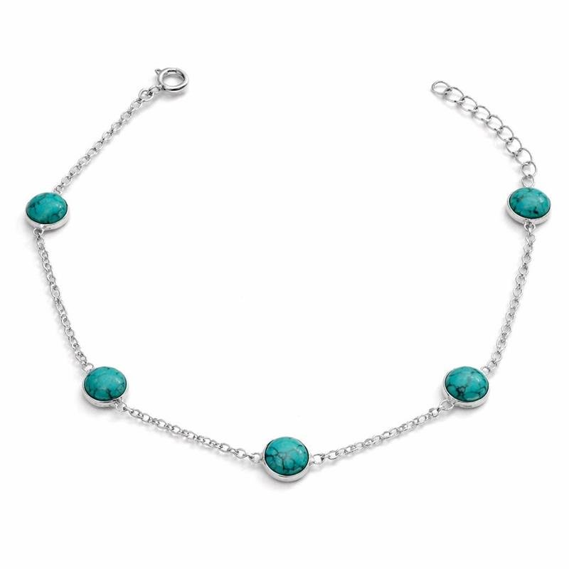 PULSEIRA 5 PEDRAS REDONDAS TURQUESA PRATA 925