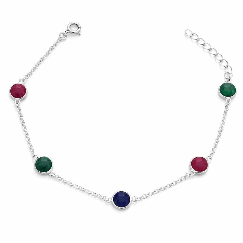 PULSEIRA 5 PEDRAS REDONDAS COLOR PRATA 925 (RUBI, ESMERALDA, LÁPIS LAZULI)