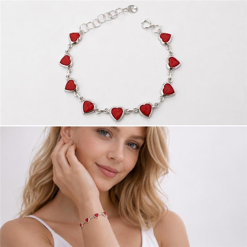 PULSEIRA CORAÇÕES CORAL PRATA 925