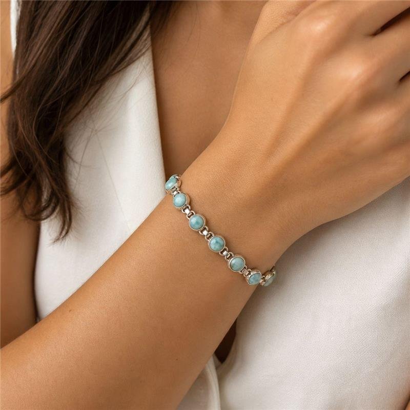 PULSEIRA 9 PEDRAS REDONDAS LARIMAR PRATA 925