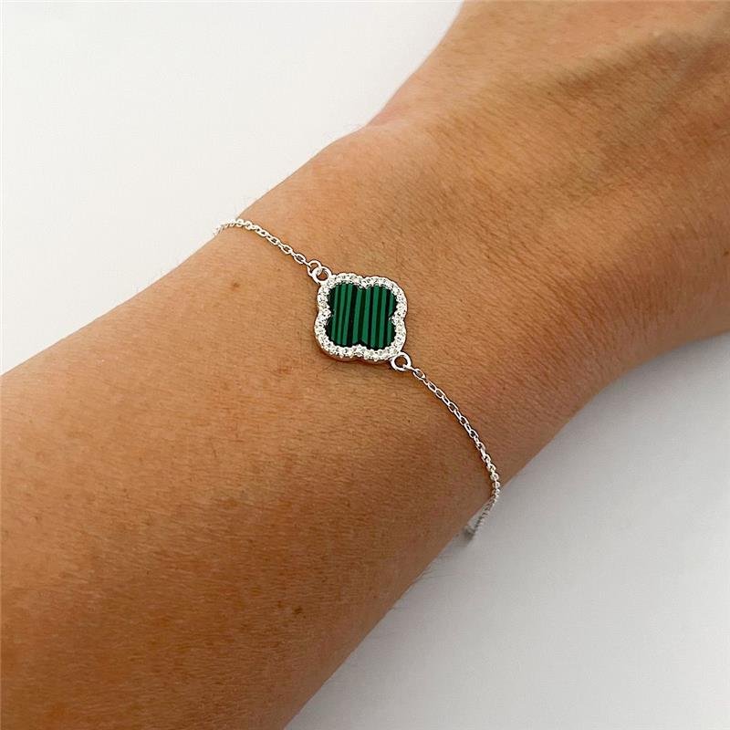 PULSEIRA MALAQUITA CRAVEJADA VANCLEEF 1 TREVO PRATA 925