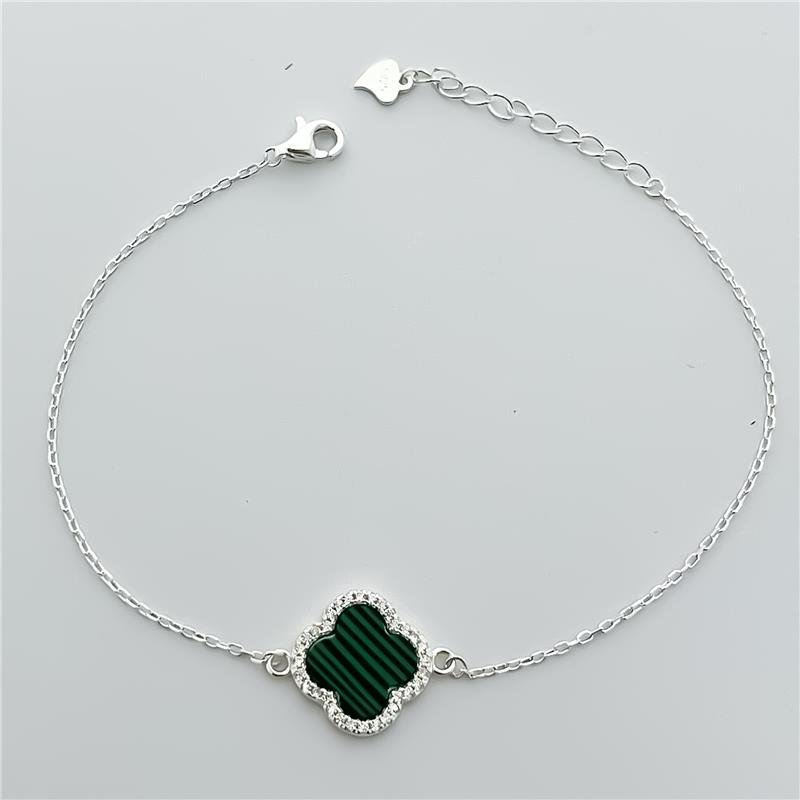 PULSEIRA MALAQUITA CRAVEJADA VANCLEEF 1 TREVO PRATA 925
