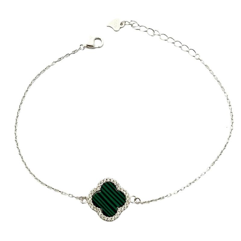 PULSEIRA MALAQUITA CRAVEJADA VANCLEEF 1 TREVO PRATA 925