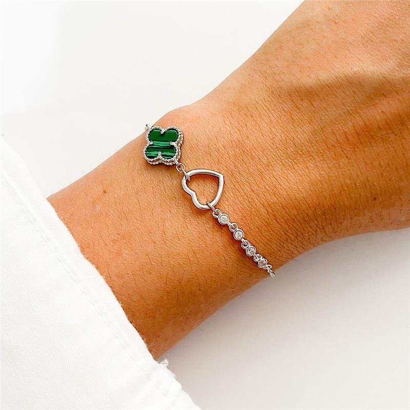 PULSEIRA VANCLEEF MALAQUITA E CORAÇÃO PRATA 925