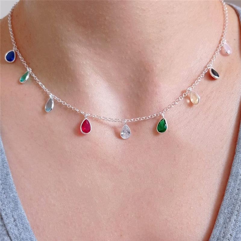 COLAR CHOKER PEDRAS COLORIDAS PRATA 925
