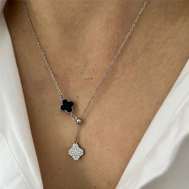 COLAR VANCLEEF 2 TREVOS CRISTAL E ONIX PRATA 925