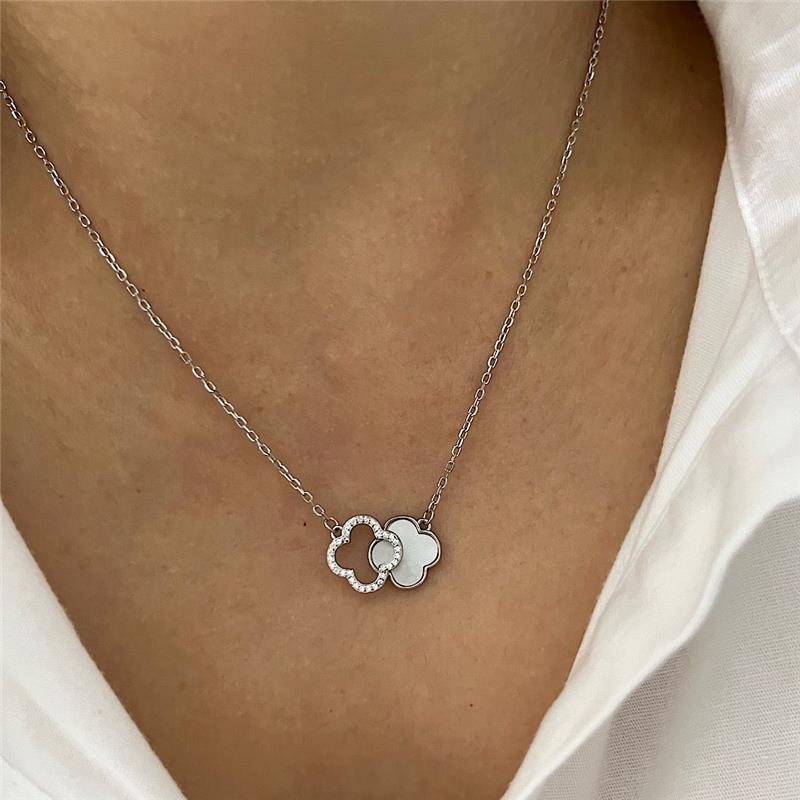 COLAR VANCLEEF 2 TREVOS CRISTAL E MADRE PRATA 925