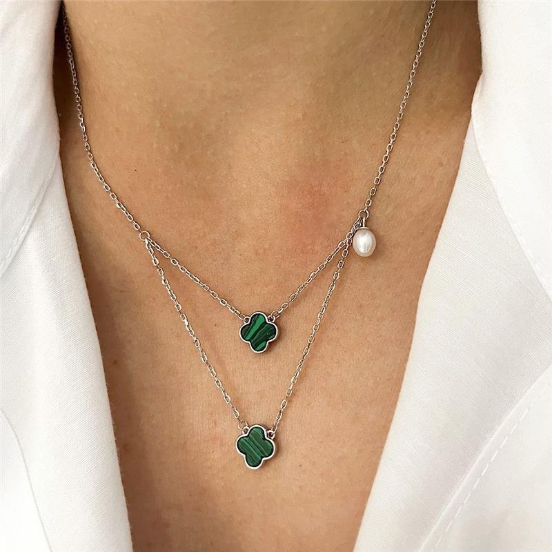 COLAR VANCLEEF MALAQUITA DUPLO COM PÉROLA PRATA 925