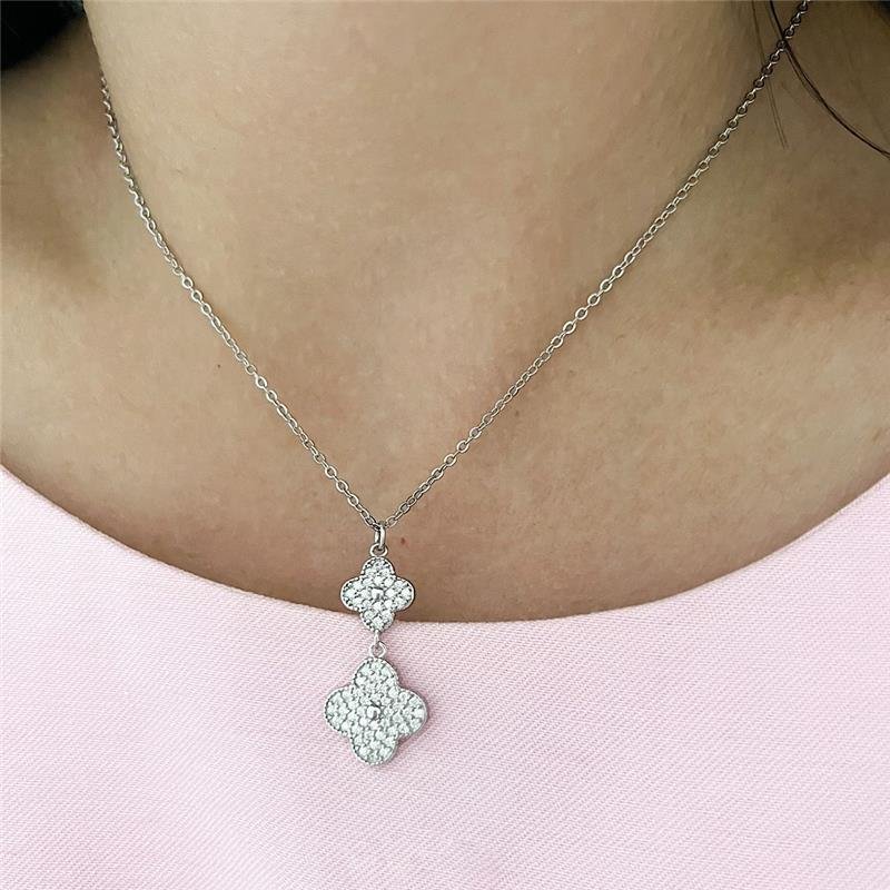 COLAR VANCLEEF 2 TREVOS CRAVEJADOS PRATA 925