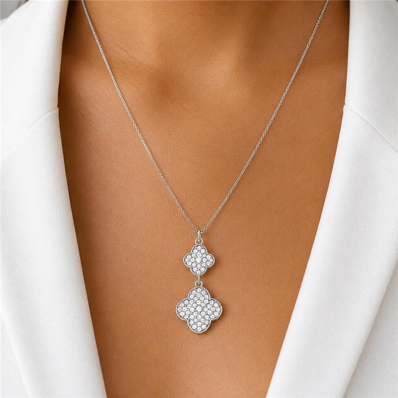 COLAR VANCLEEF 2 TREVOS CRAVEJADOS PRATA 925