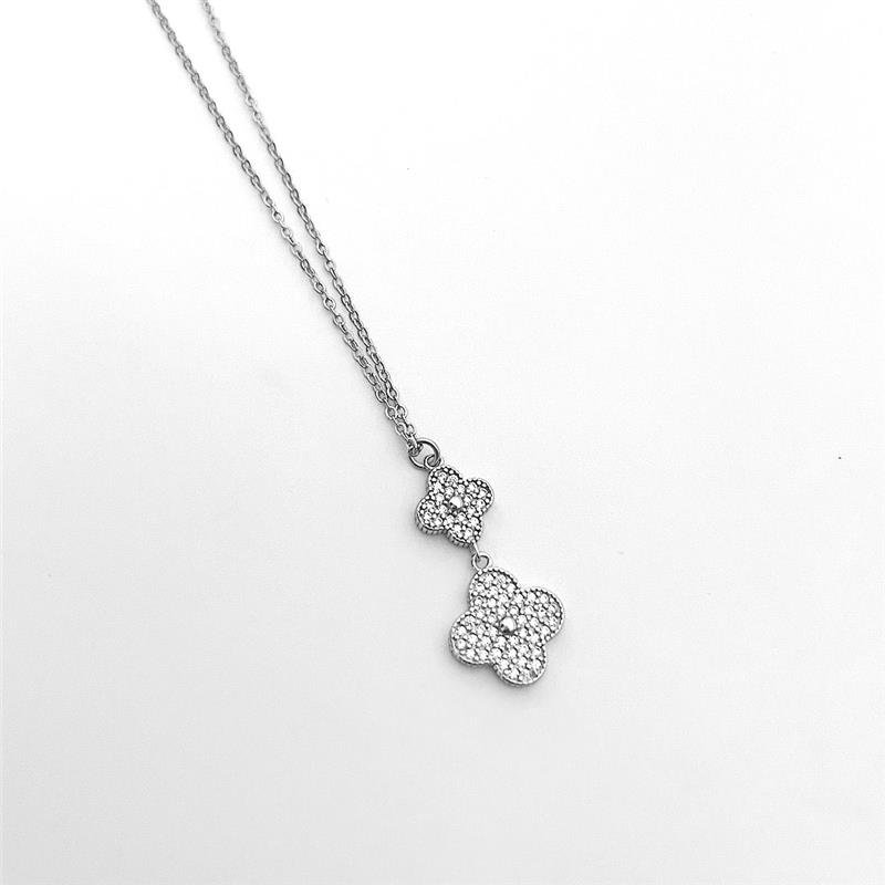 COLAR VANCLEEF 2 TREVOS CRAVEJADOS PRATA 925