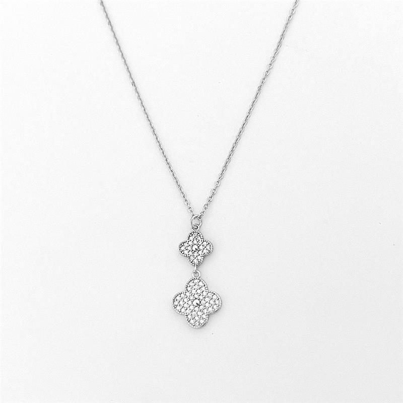COLAR VANCLEEF 2 TREVOS CRAVEJADOS PRATA 925