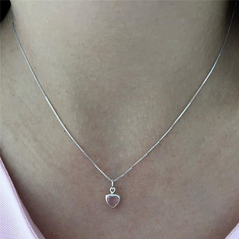 COLAR PONTO DE LUZ CORAÇÃO ROSA 40CM PRATA 925