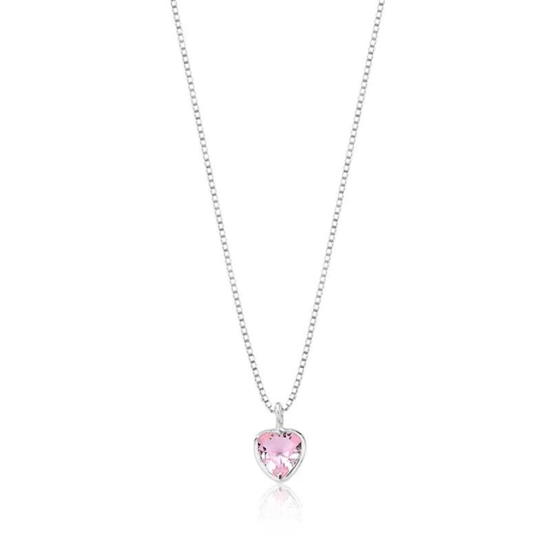 COLAR PONTO DE LUZ CORAÇÃO ROSA 40CM PRATA 925