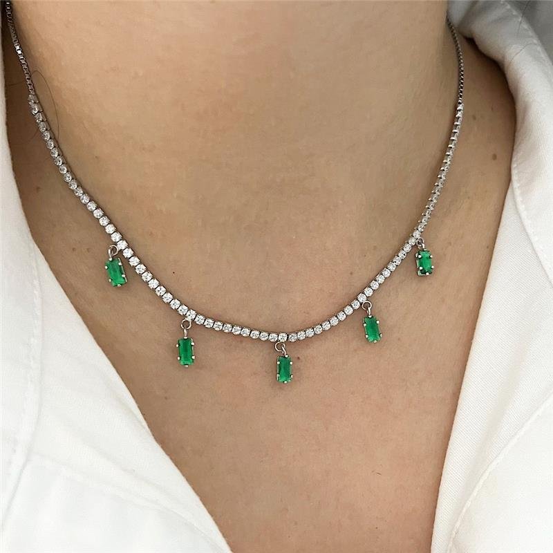 COLAR RIVIERA CRISTAL COM PEDRAS VERDES PRATA 925