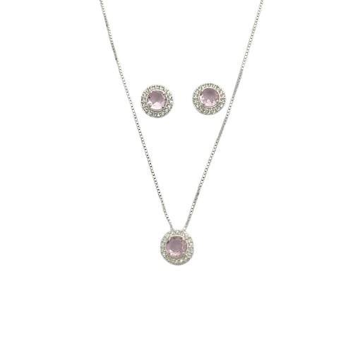 CONJUNTO REDONDO CRAVEJADO E ZIRCÔNIA ROSA 45CM PRATA 925