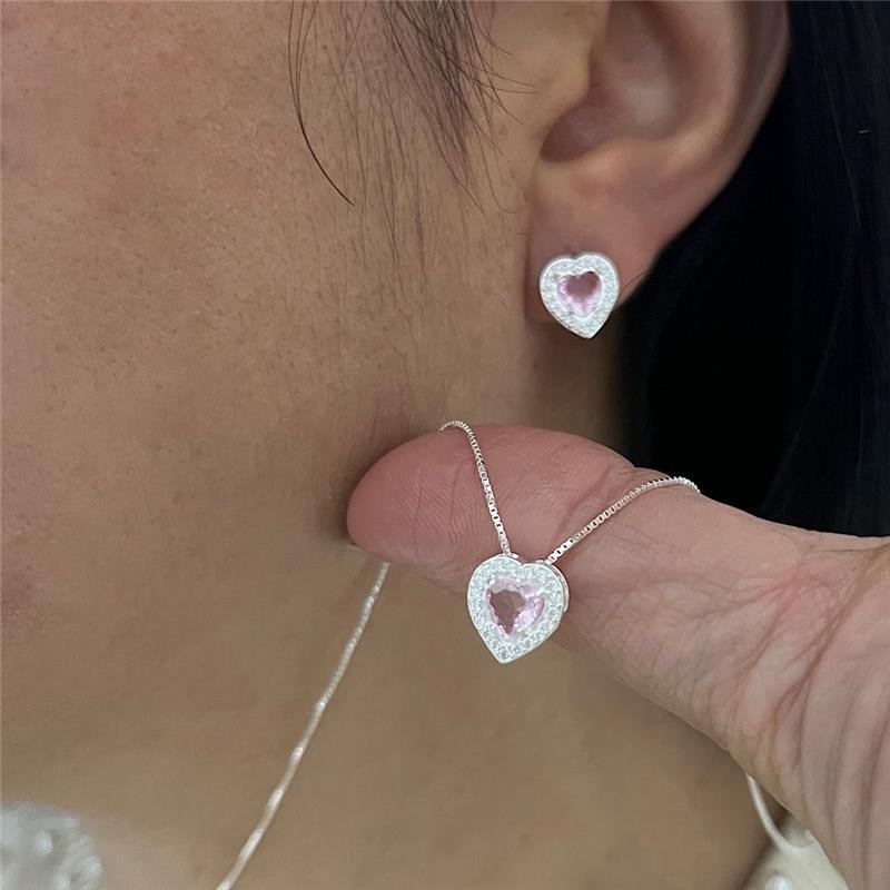 CONJUNTO CORAÇÃO CRAVEJADO E ZIRCÔNIA ROSA 45CM PRATA 925