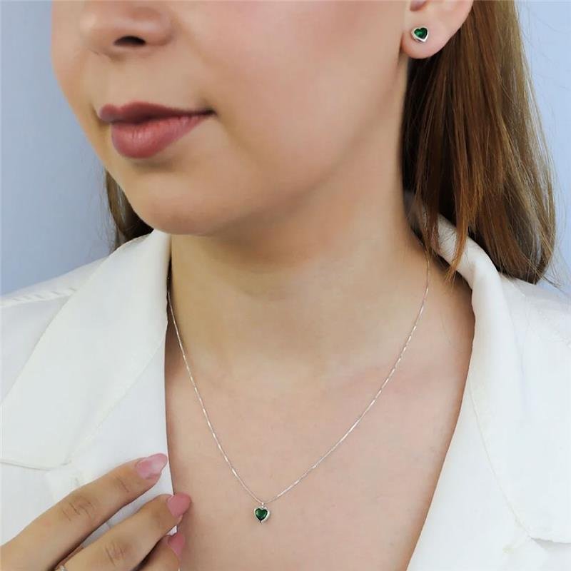 CONJUNTO CORAÇÃO VERDE ESMERALDA PRATA 925