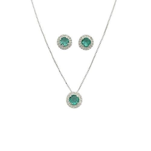 CONJUNTO CRAVEJADO E ZIRCÔNA VERDE 45CM PRATA 925