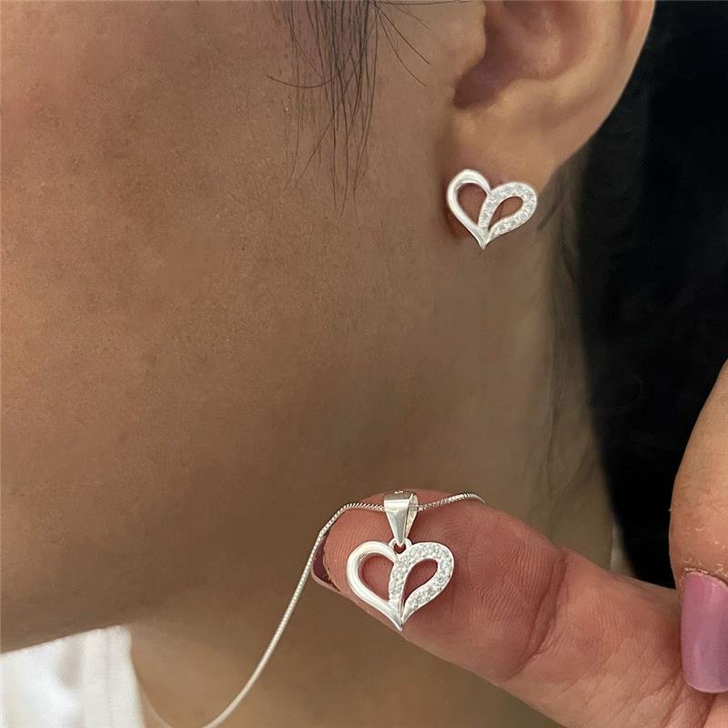 CONJUNTO CORAÇÃO CRAVEJADO E LISO PRATA 925
