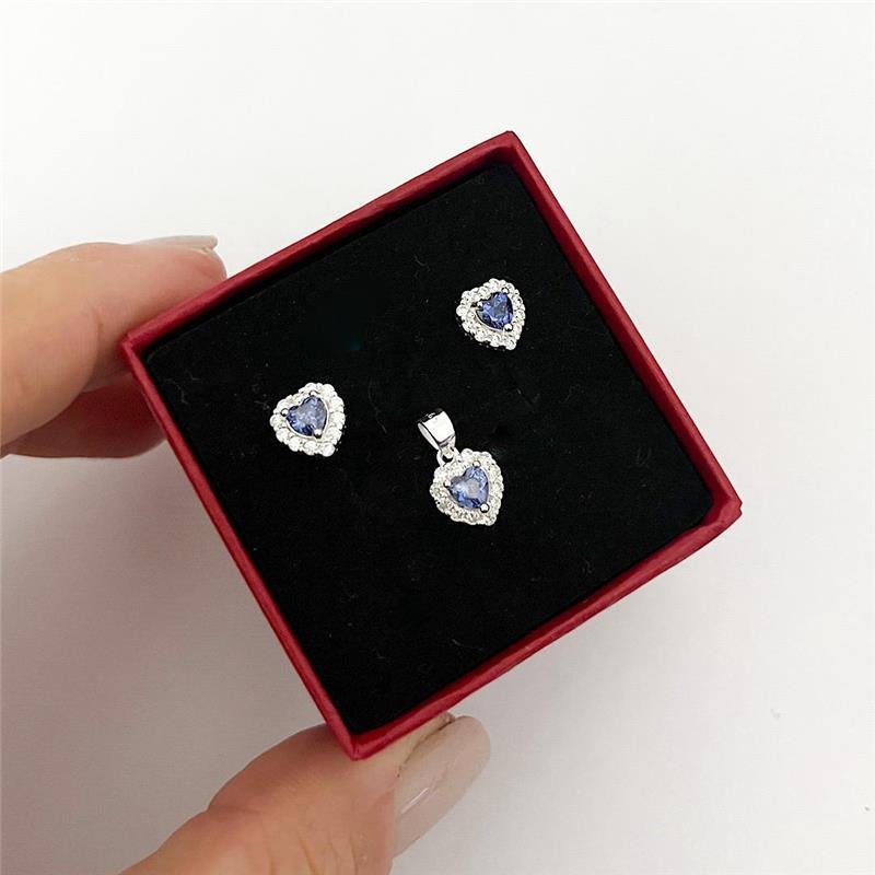 CONJUNTO CORAÇÃO AZUL CRAVEJADO PRATA 925